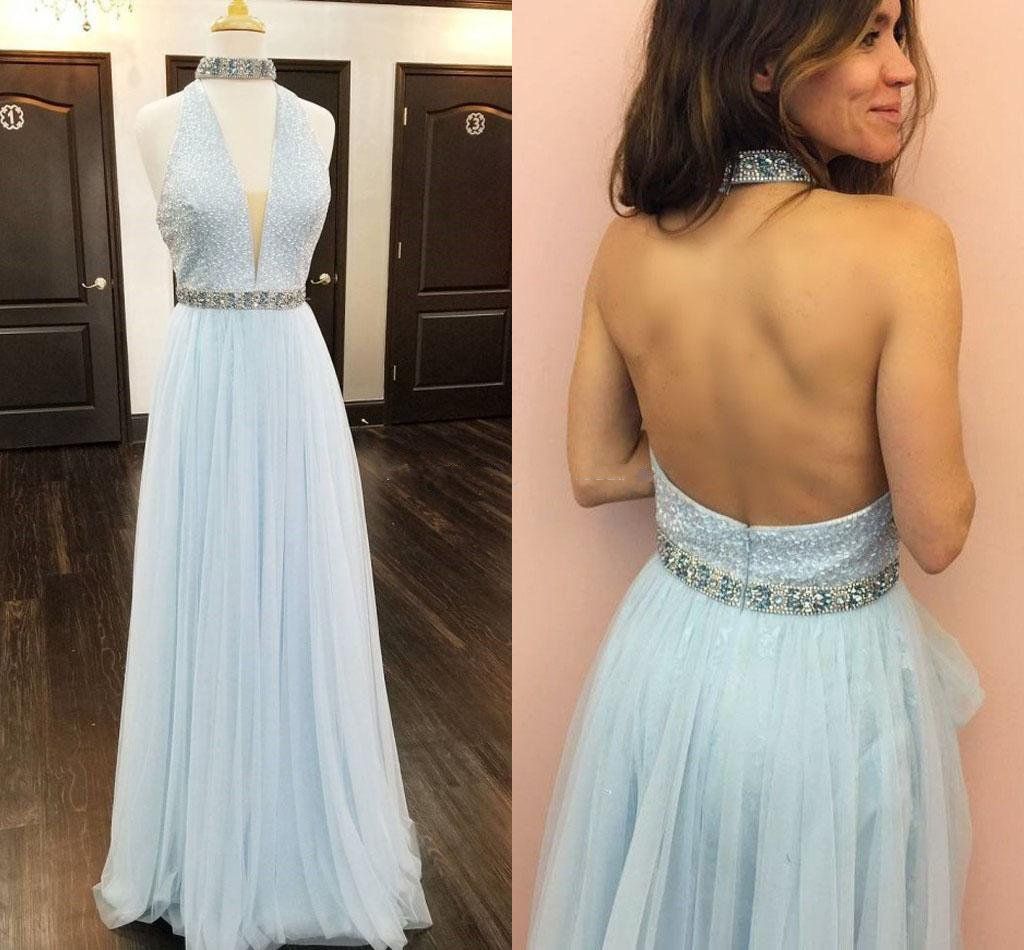 New Baby Blue Halter Tulle Evening Dresses Beaded Crystal Tulle Floor