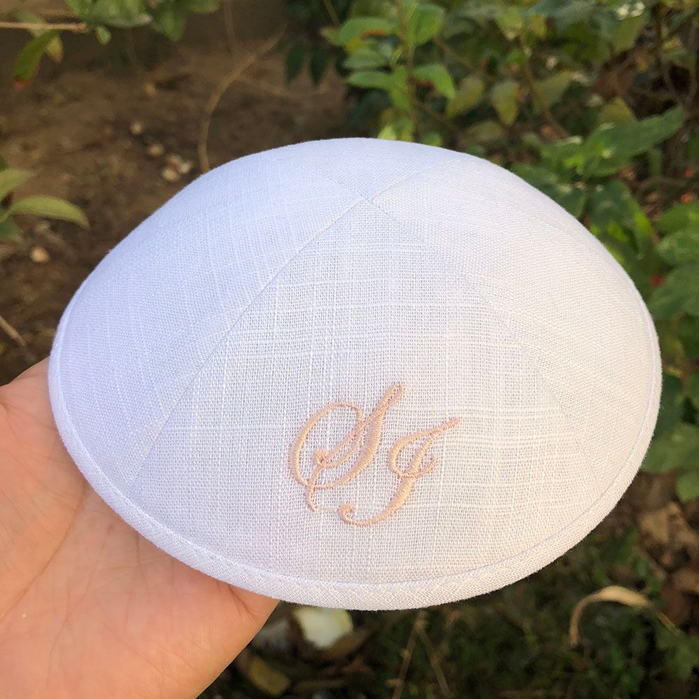 White Linen Kippot Customize Wedding Kippah, Yarmulkes For Bat Mitzvah