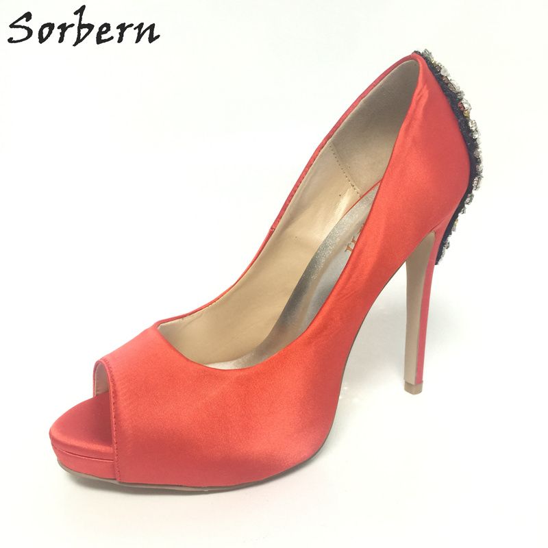 red satin peep toe heels