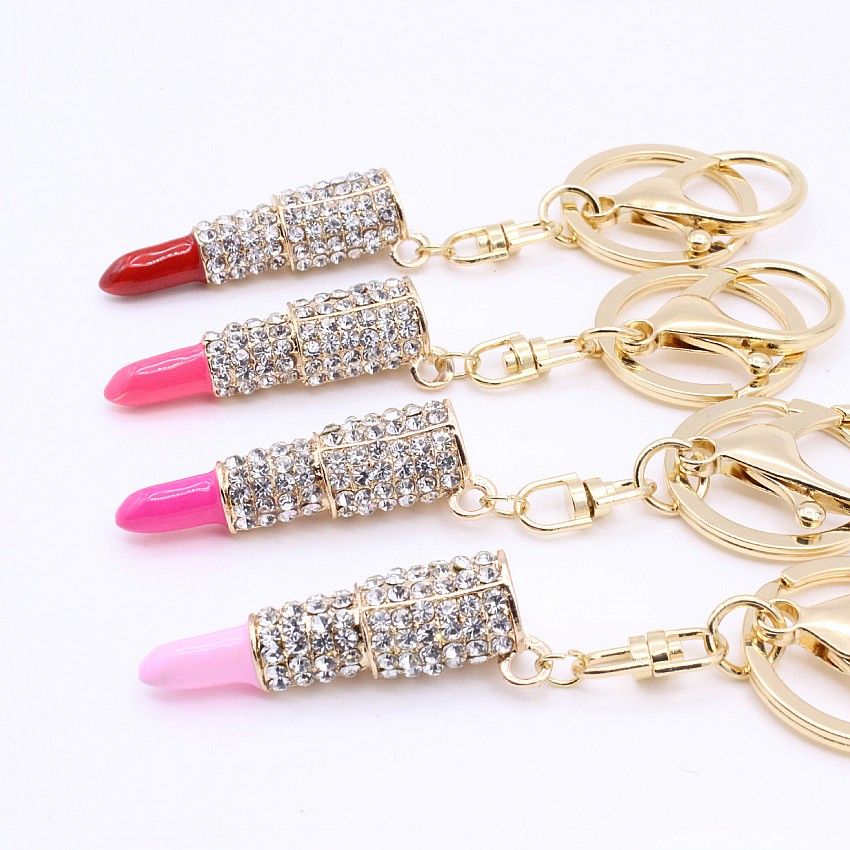 2020 Charm Crystal Keychain Lipstick Key Holder Rhinestone Keyring Red