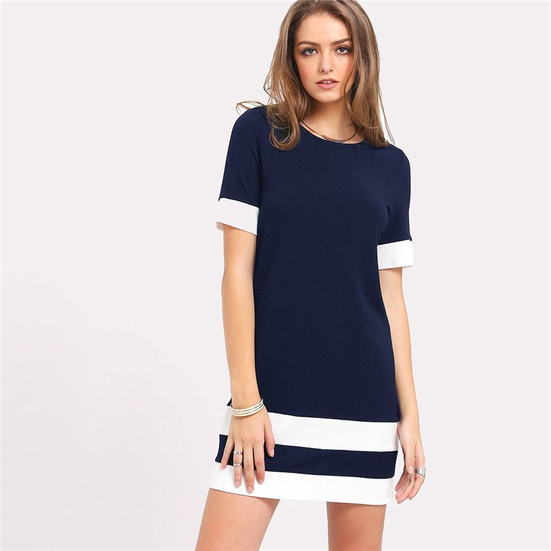 Sheinside Navy Straight Stripe manga corta vestido de cambio Ladies Block de color redondo cuello Mini Sheinside Navy Straight Stripe manga corta vestido de cambio Ladies Block de color redondo cuello Mini
