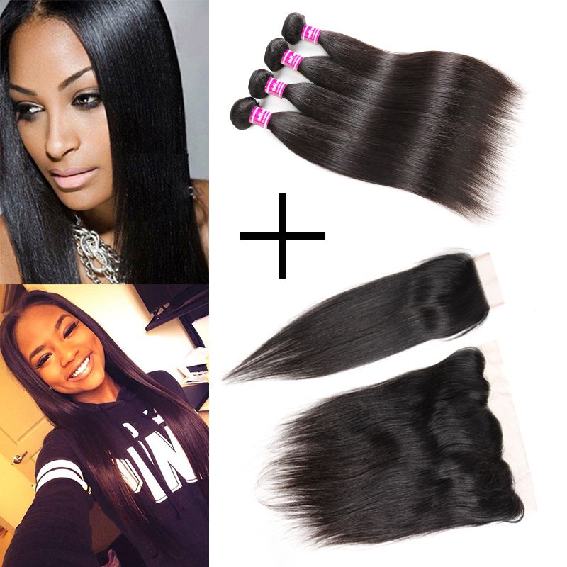 Cheap Maiaysian Straight Human Hair Bundles With Lace Closure