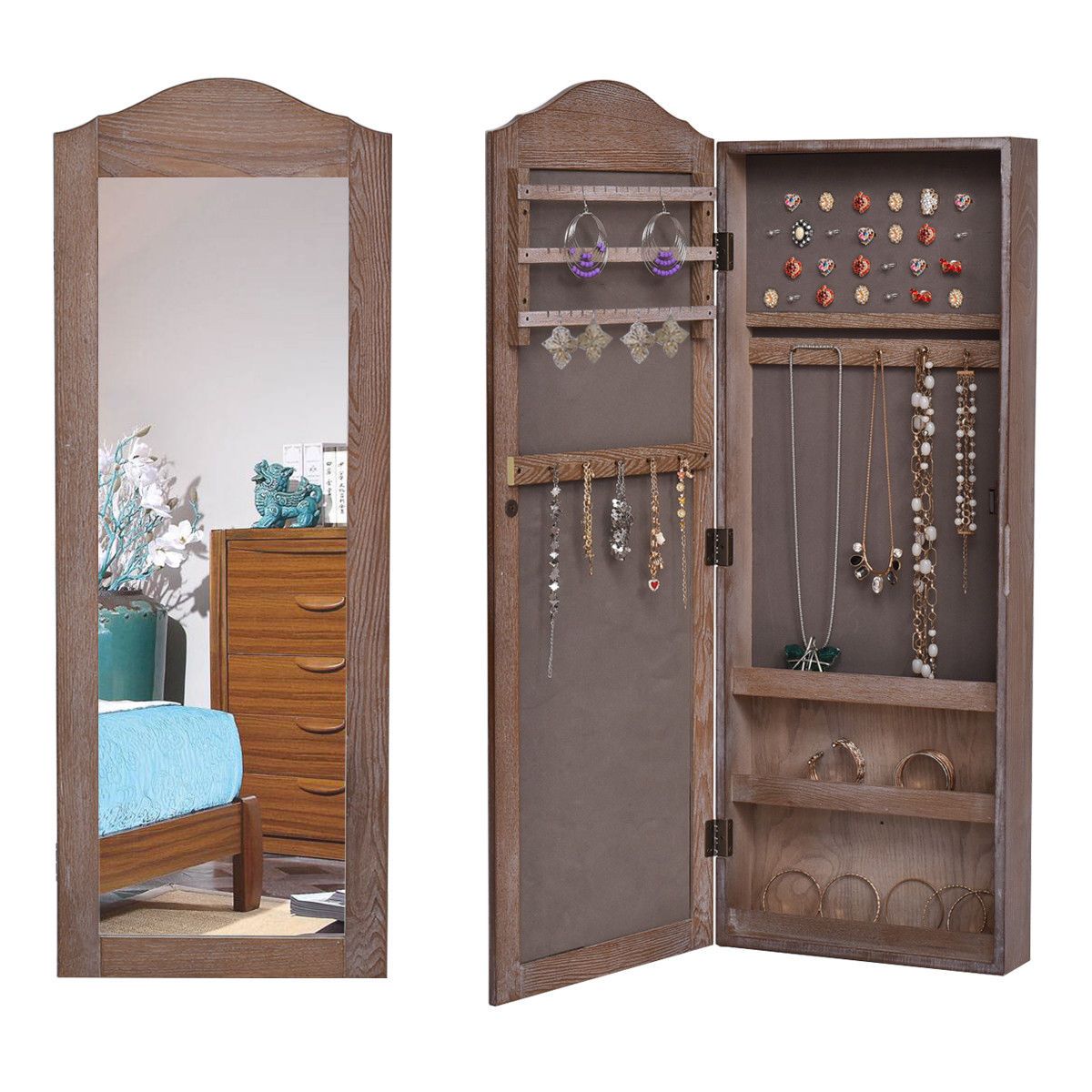 2019 Wall Hang Mounted Mirrored Jewelry Cabinet Armoire Storage