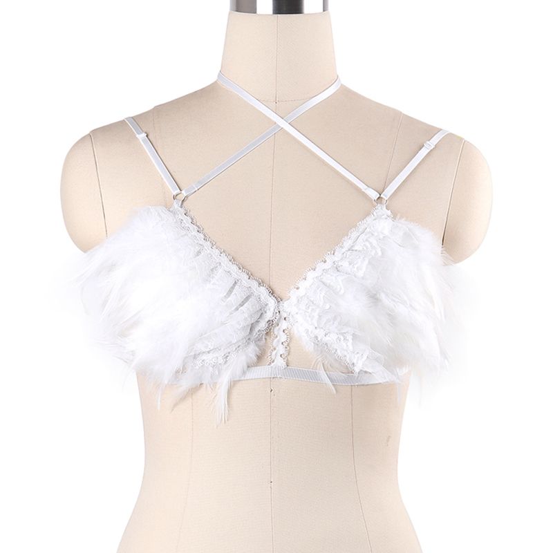 Halloween Womens White Feather Sexy Lingerie Top Body Harness Cage Gothic White Elastic Sexy Handmade Cage Bralette Harness,