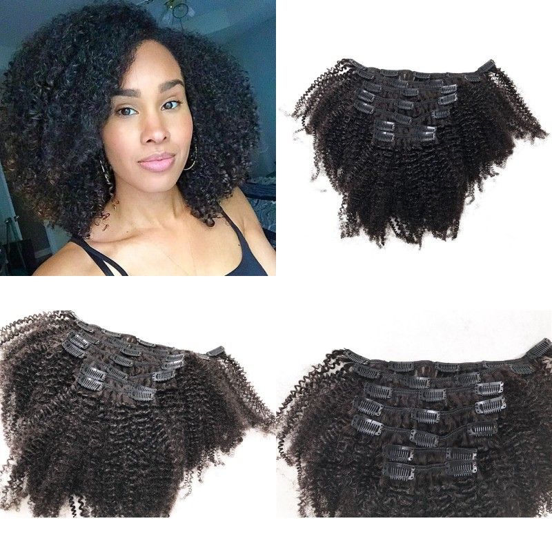 Afro Kinky Curly Mongolian Human Hair Natural Color Clip Ins Hair
