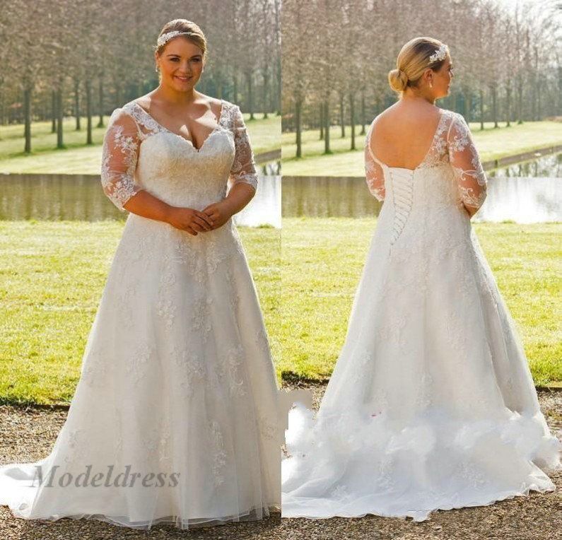Acheter Taille Des Robes De Mariage Pour Les Femmes Lacé Dans Le Dos 34 Manches Longues Col En V Une Ligne Dentelle Magnifique Robes De Appliques De