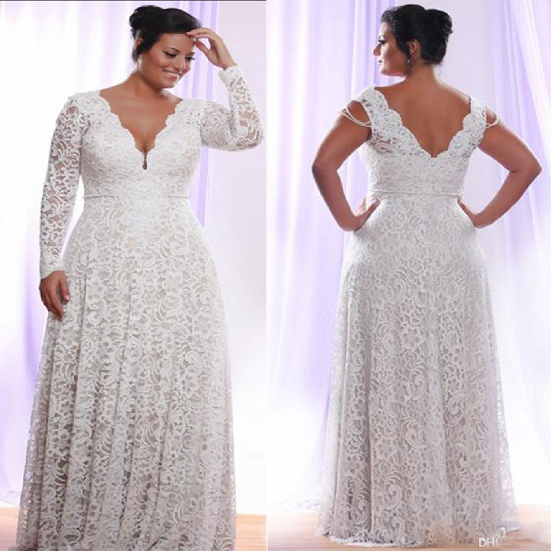 Discount Cheap Full Lace Plus Size Wedding Dresses Long Sleeves