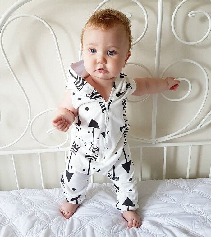 1PCS Infant Baby Boys Girls Geometric Printing Hooded Romper Jumpsuit Summer