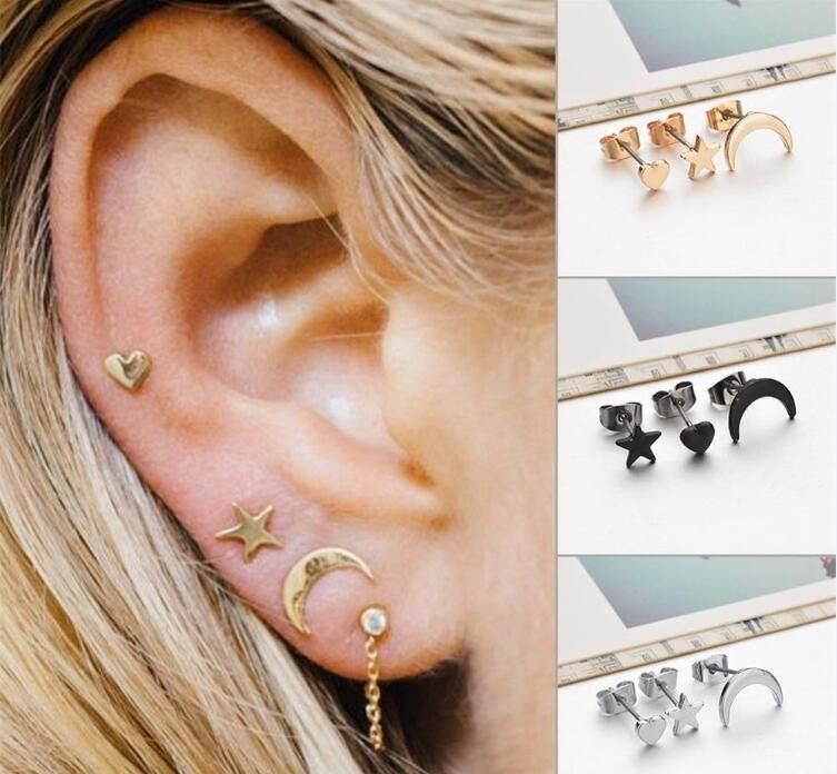 Women's 3pcs Cute Small Moon Star Heart Ear Stud Earrings Set Punk Jewelry Gift