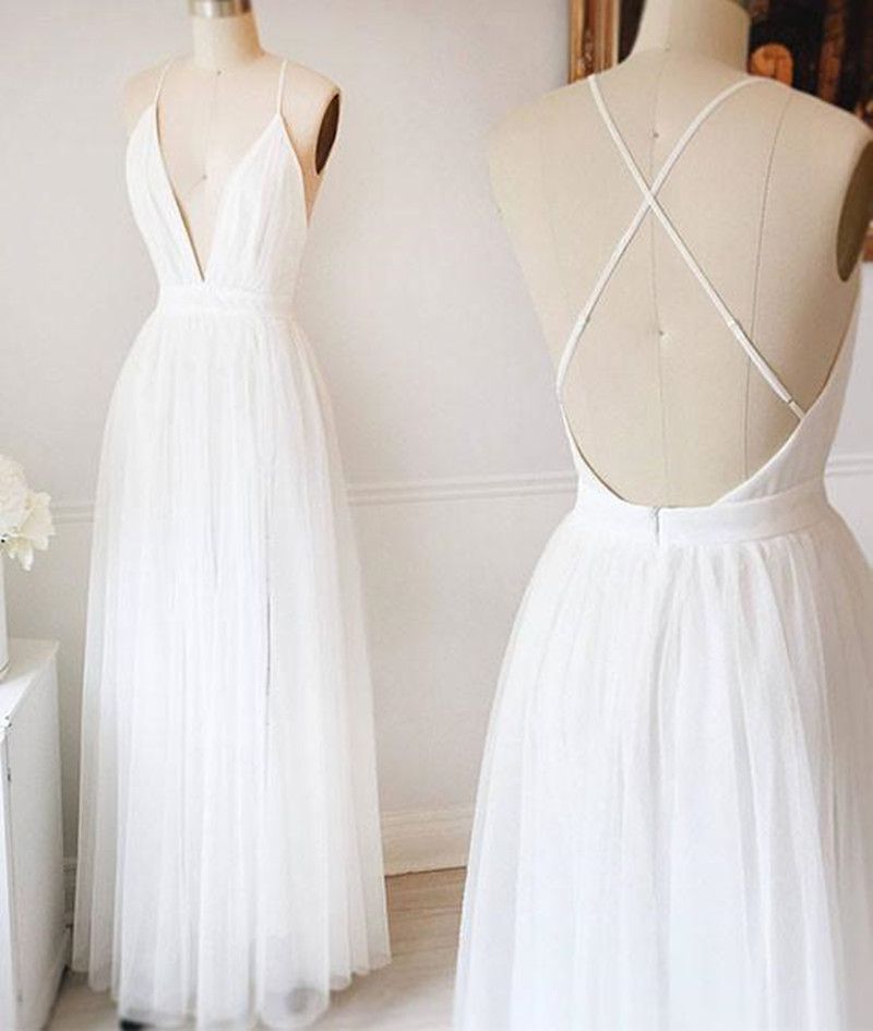 compre vestidos de novia de una línea de playa 2018 espaguetis de