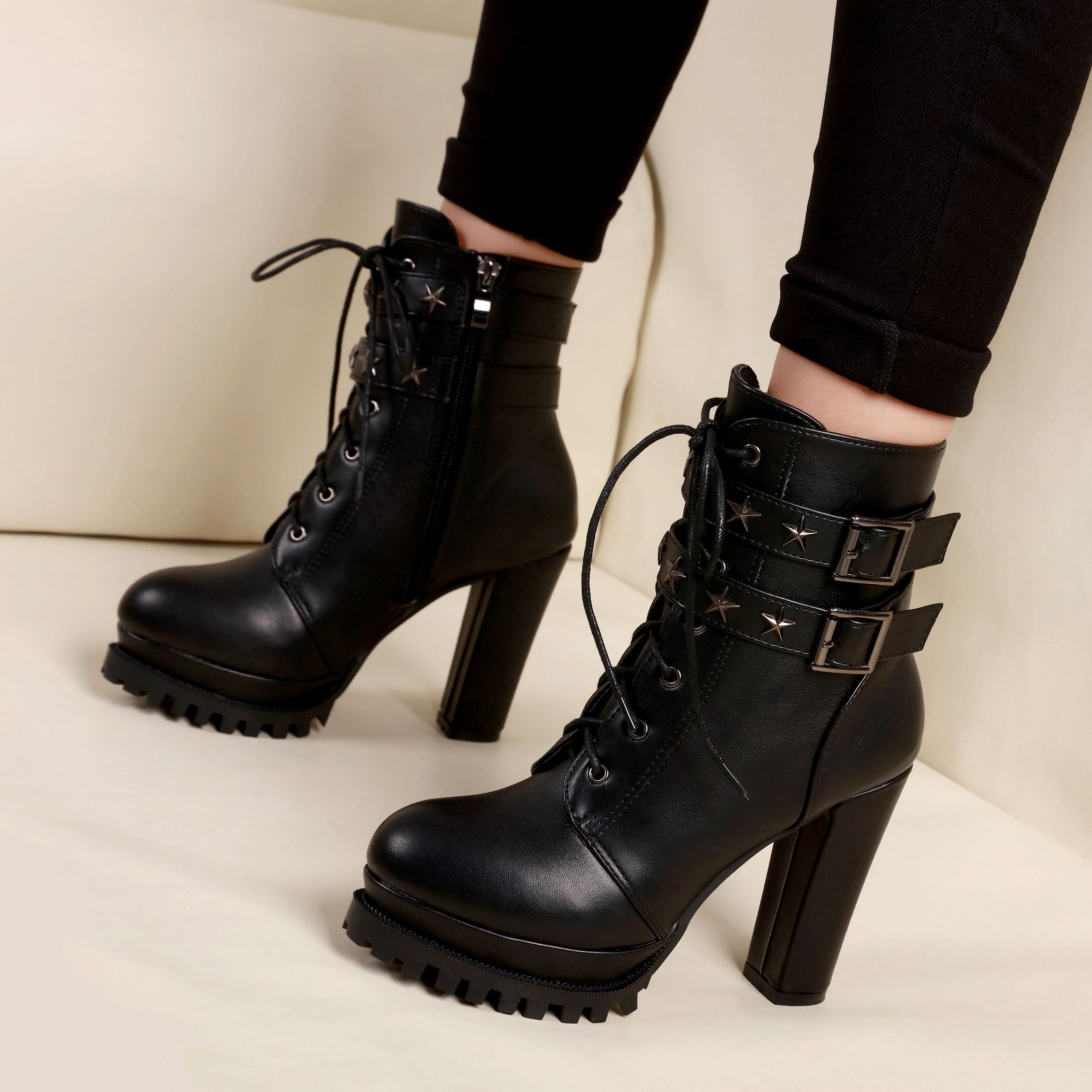 Platform Faux Suede Rivets Buckle High Heel Lady Womens Ankle Combat Boots Shoes