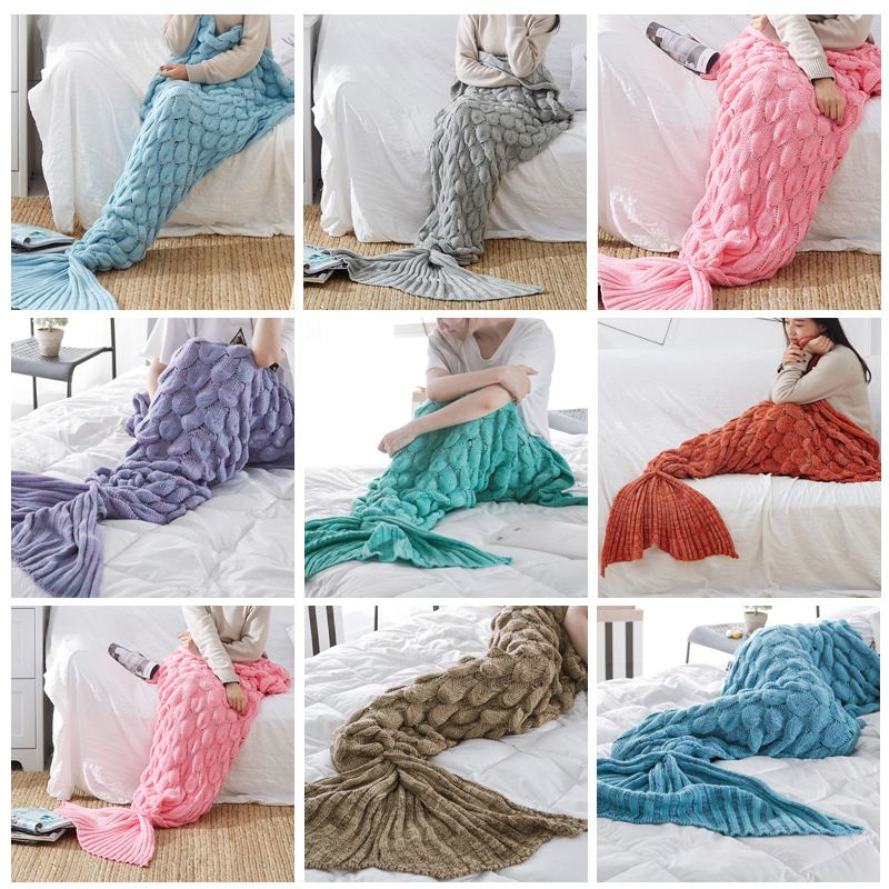 Kid Adults Knitted Mermaid Tail Blanket Sofa Crocheted Cocoon Quilt Rug 