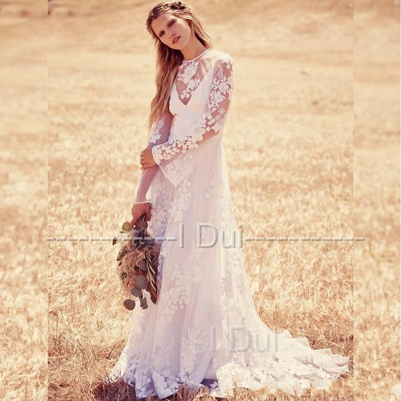 Acheter 2018 Nouveau Manches Longues En Dentelle Vintage Une Ligne Robes De Mariée Bohème Robe De Novia Sur Mesure Sweep Train Robe De Mariée Real