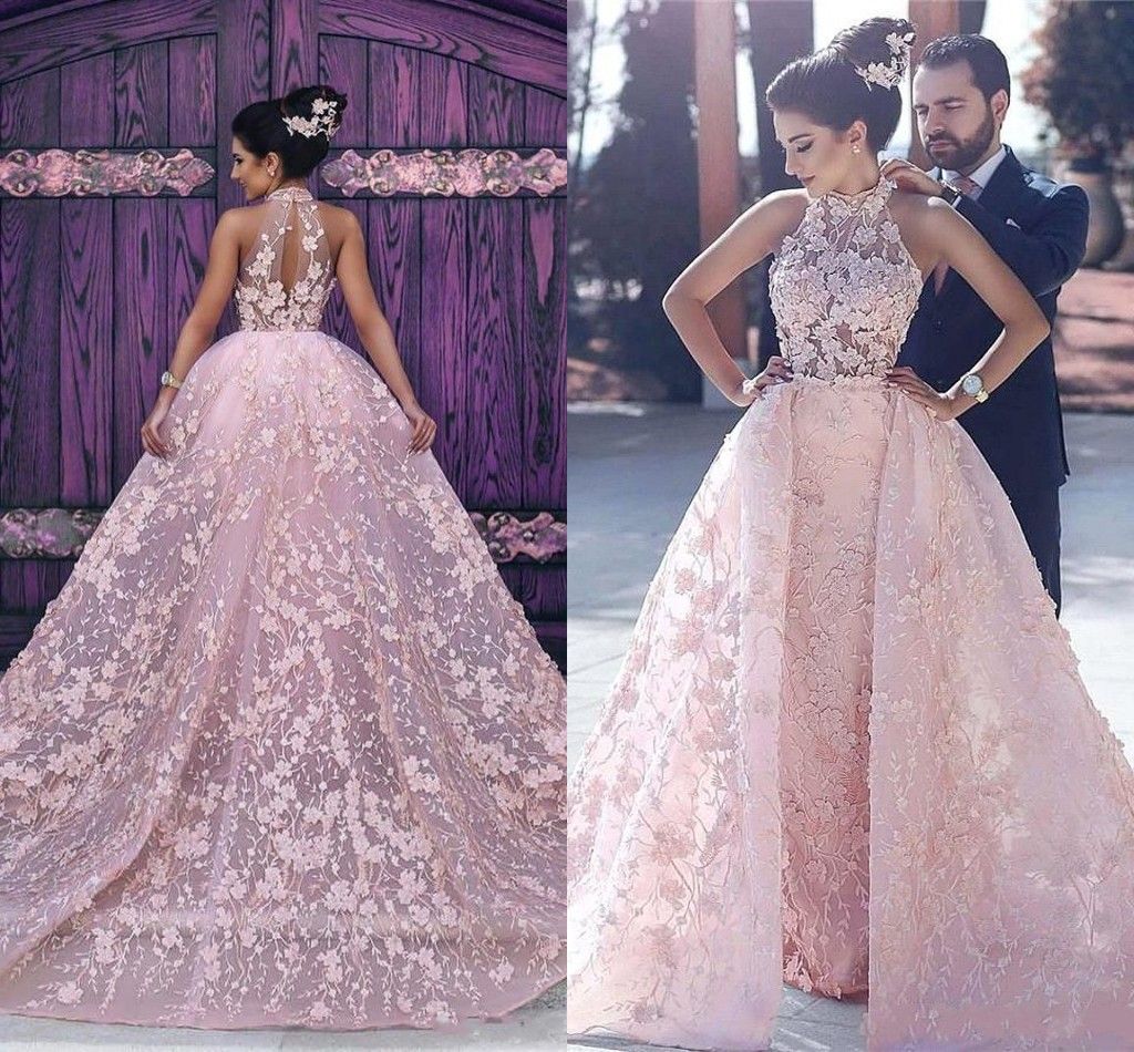 2020 Pink Ball Gown Wedding Dresses High Neck Illusion Lace