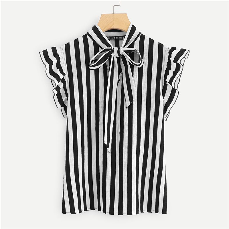 Compra SHEIN Summer Top Trabajo Elegante Mujer Blusas Manga Casquillo Blanco  Y Negro Tie Neck Manga Mariposa Ropa De Trabajo Blusa A Rayas Barato |  Entrega Rápida Y Calidad | Es.Dhgate