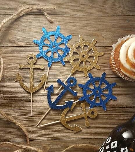 2019 Glitter Anchor Cupcake Toppers Nautical Baby Shower Decor