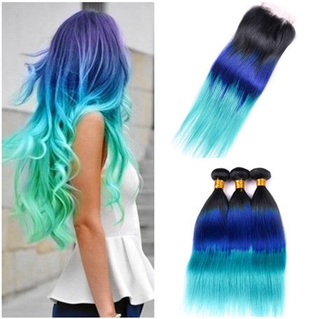 2019 Virgin Peruvian 1b Blue Teal Ombre Hair Weave Bundles With