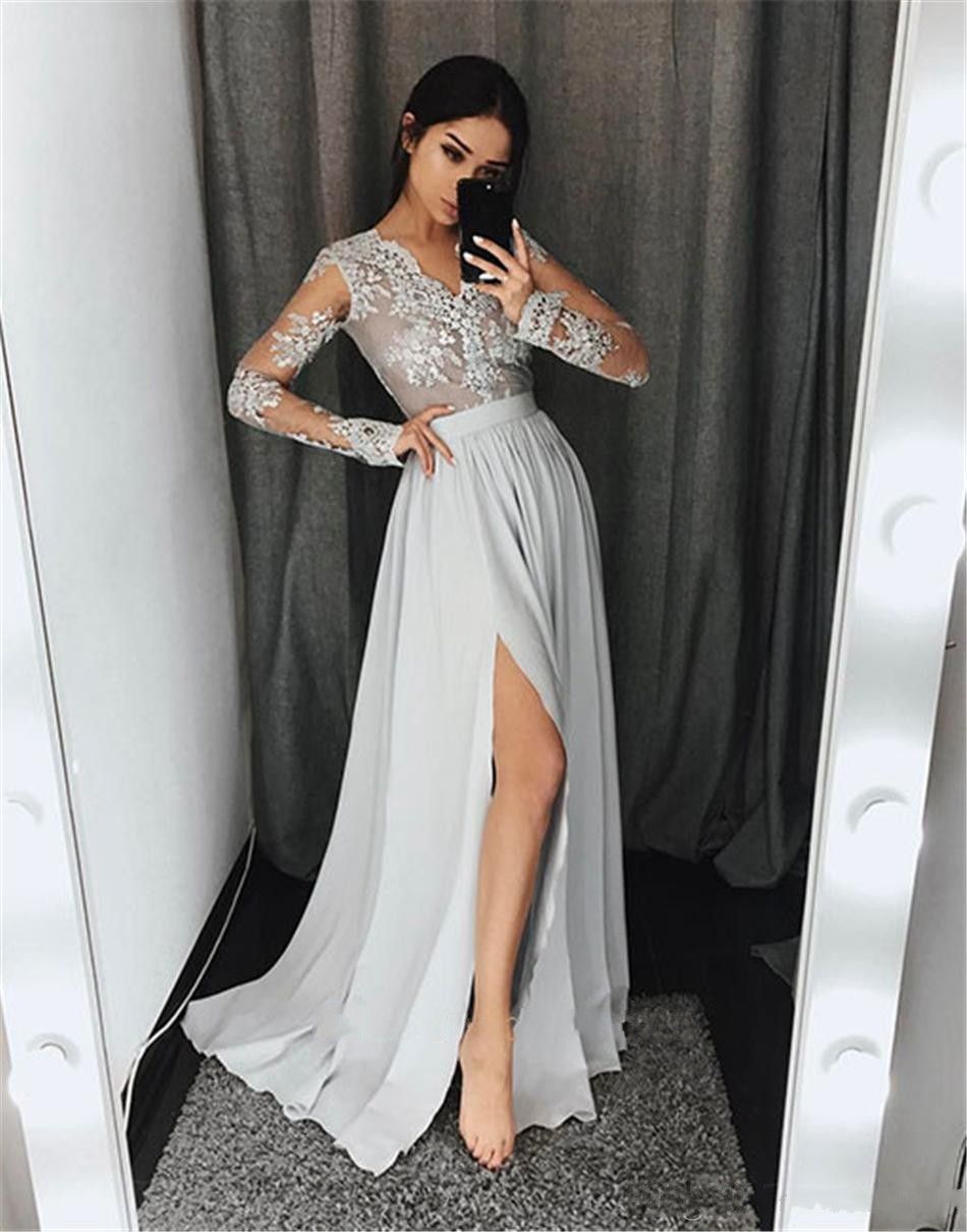grey lace evening dress