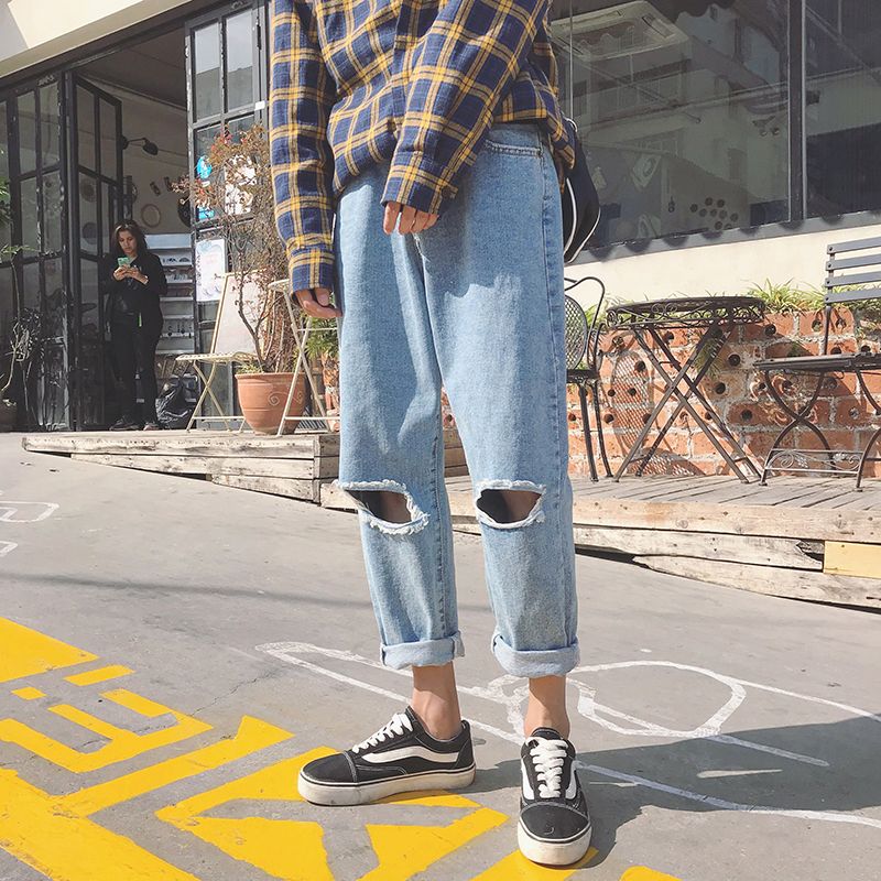 Acheter 2018 Printemps Homme Trous Baggy Classique Hommes Bleu Jeans Marque Hip Hop Style Casual Pantalon Biker Denim Solide Couleur Pantalon S XL De