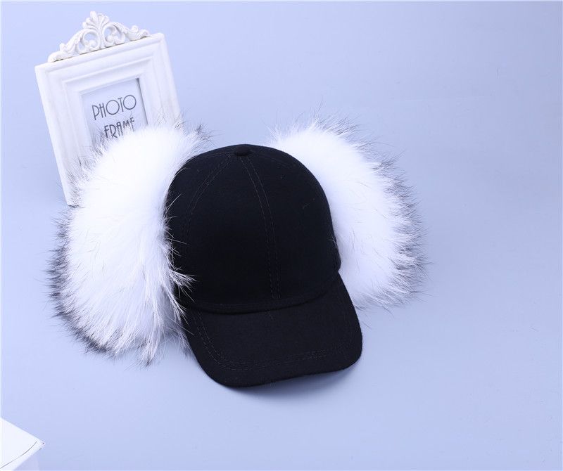Real Fox Raccoon Fur Trim Cashmere Wool Blend Baseball Caps Earmuffs Cap Beanie
