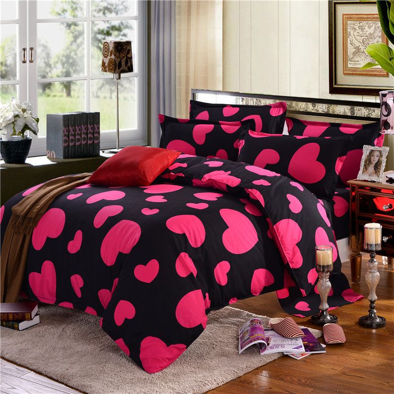 Pink Love Heart Bedding Set Black Duvet Quilt Cover Bed Sheet