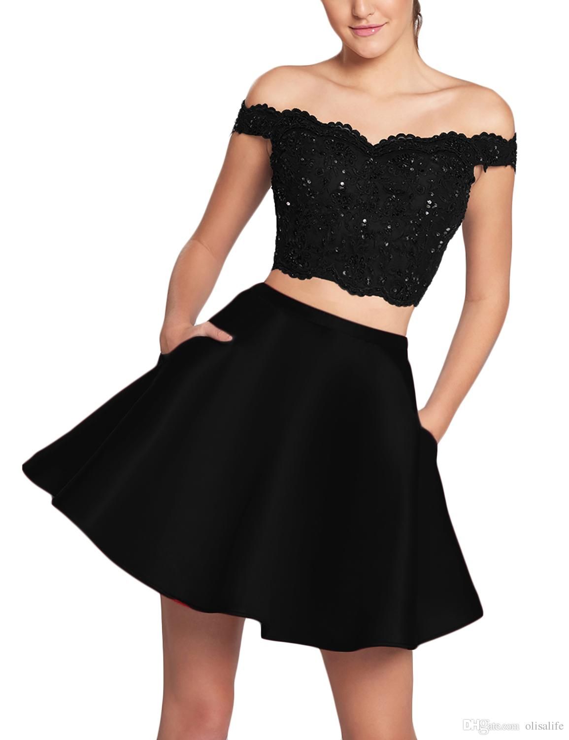 2018 Siyah Renk Kapalı Omuz Dantel Mezuniyet Elbiseleri Kısa Iki