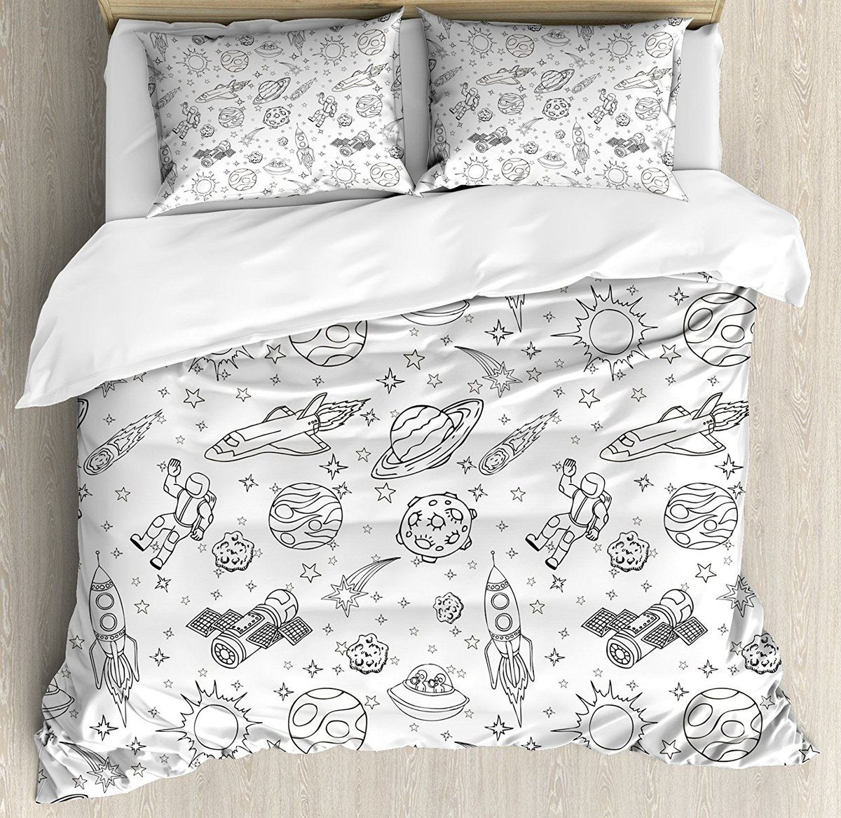 Duvet Cover Set Doodle Solar System Astronauts Space Crafts And