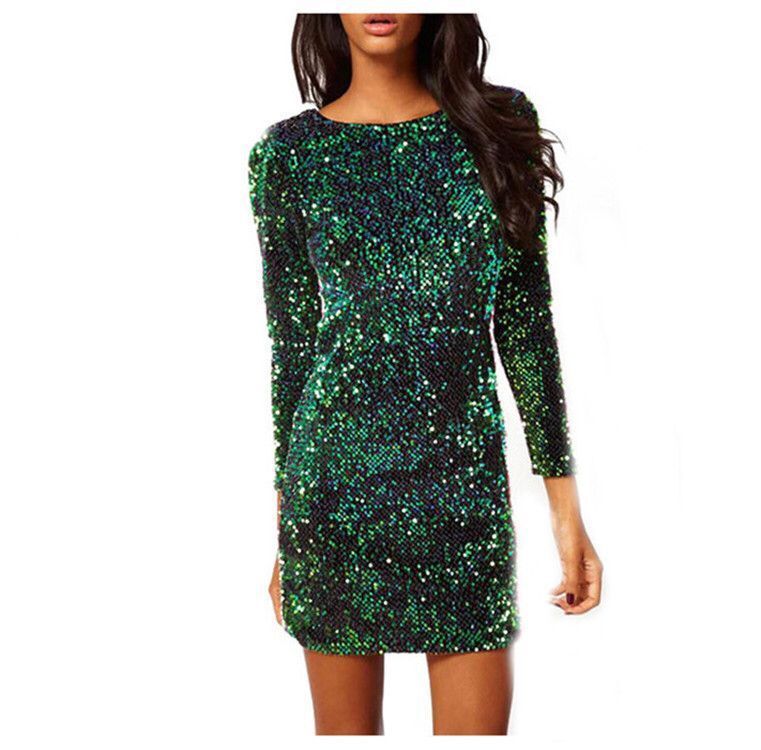 green iridescent long sleeve sequin bodycon dress