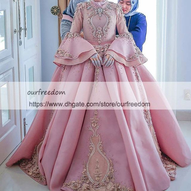 Muslim Pink Applique Beading wedding Dress 2018 A-Line Tiered Lace Bridal Gown 