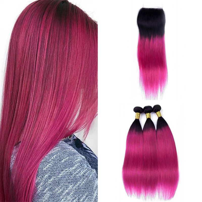 2019 8a Grade Ombre Pink Human Hair Bundles With Lace Closure Dark