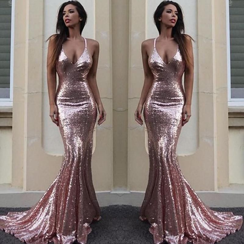 rose gold sequin mermaid prom dress