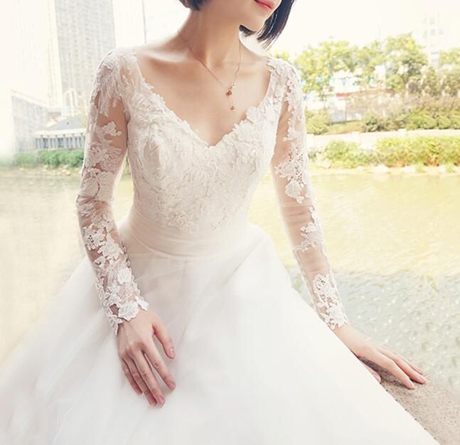Illusion Long Sleeves Lace Ball Gown Wedding Dresses Big Train Custom ...