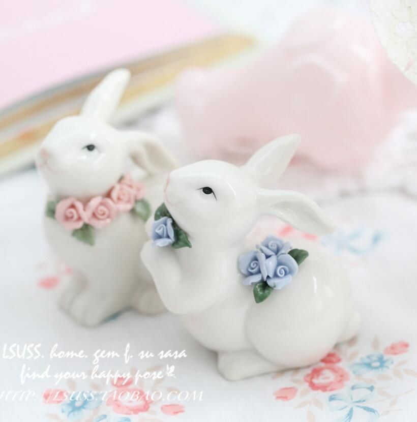 Compre 2 Unid Azul Rosa Flor De Ceramica Pequeno Conejo Decoracion