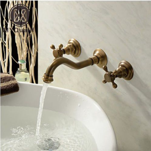 2019 Wall Mount Dual Handles Brass Antique Basin Sink Faucet 3