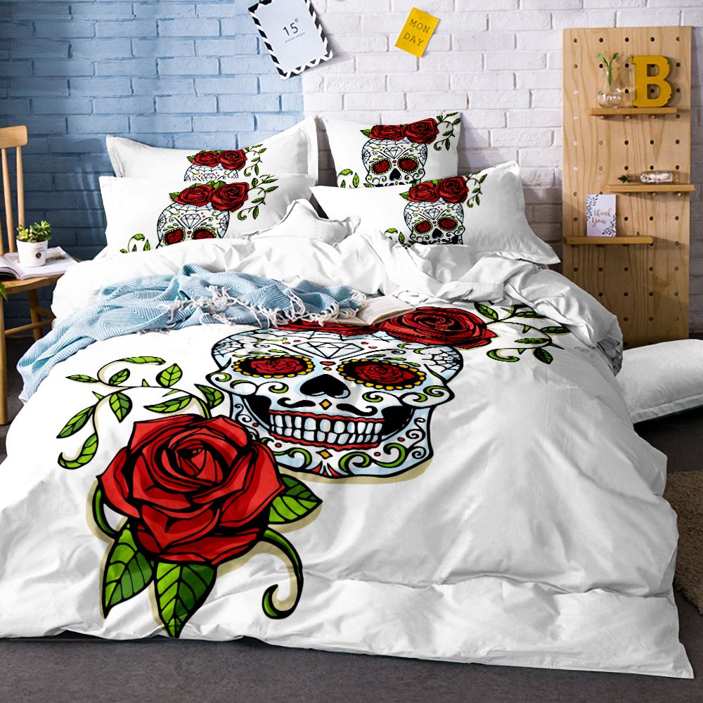 Cartoon Skull Red Rose Flowers Duvet Cover White Bedding Set Soft