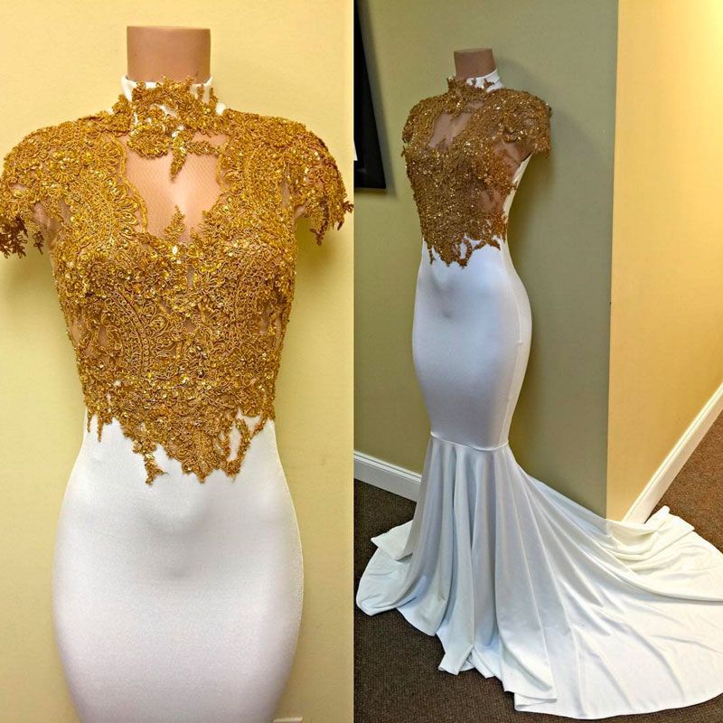 2019 Spring Gold Appliques Evening Dresses White Mermaid Prom Party Gowns Illusion Top Beads Sequins High Neck Formal Dress Custom Made