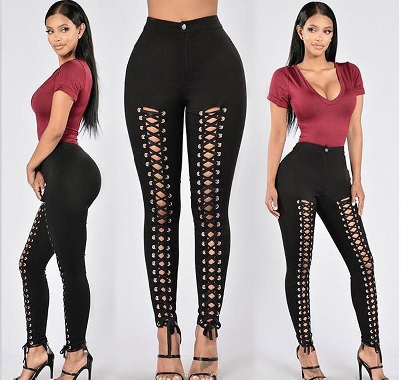 Acquistare Moda Sexy Donne Lace Up Pantaloni Slim Skinny Stretch High Vita  Hollow Out Pantaloni A Matita BodyCon Pantaloni Lunghi Economico | Consegna  Veloce E Qualità | It.Dhgate