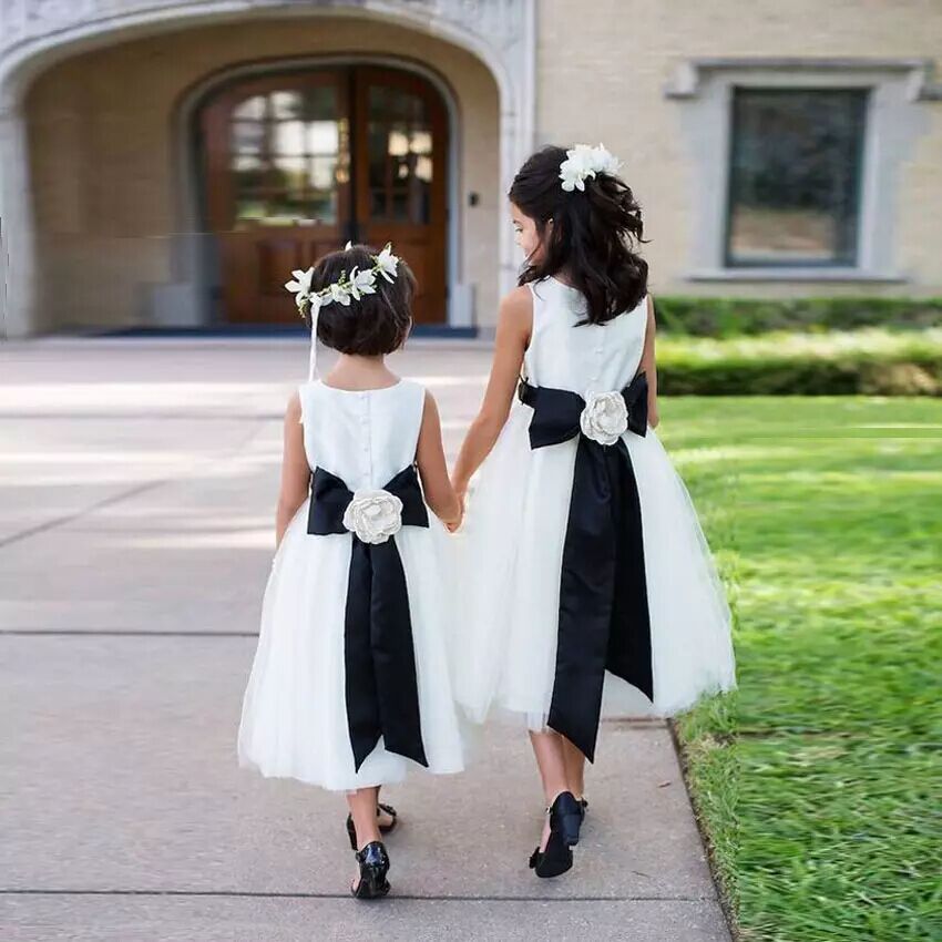 White flower girl dress with black sash hotsell