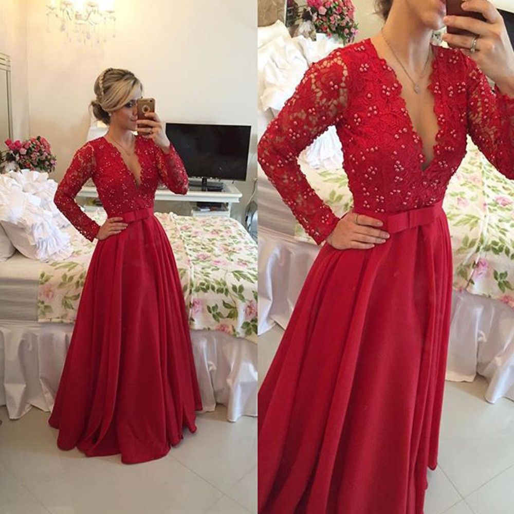 Compra Nueva Llegada De Manga Larga De Encaje Top Rojo Gasa Vestido De  Noche Vestidos De Fiesta Sexy Sheer Volver Vestidos De Fiesta De La  Vendimia 2018 Envío Rápido Barato | Entrega