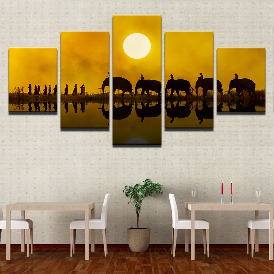 2019 Canvas Print Painting Home Decor Living Room Wall Art Beautiful Sunset Elephant Village Pictures Women Poster Framework From Weichenart 36 18
