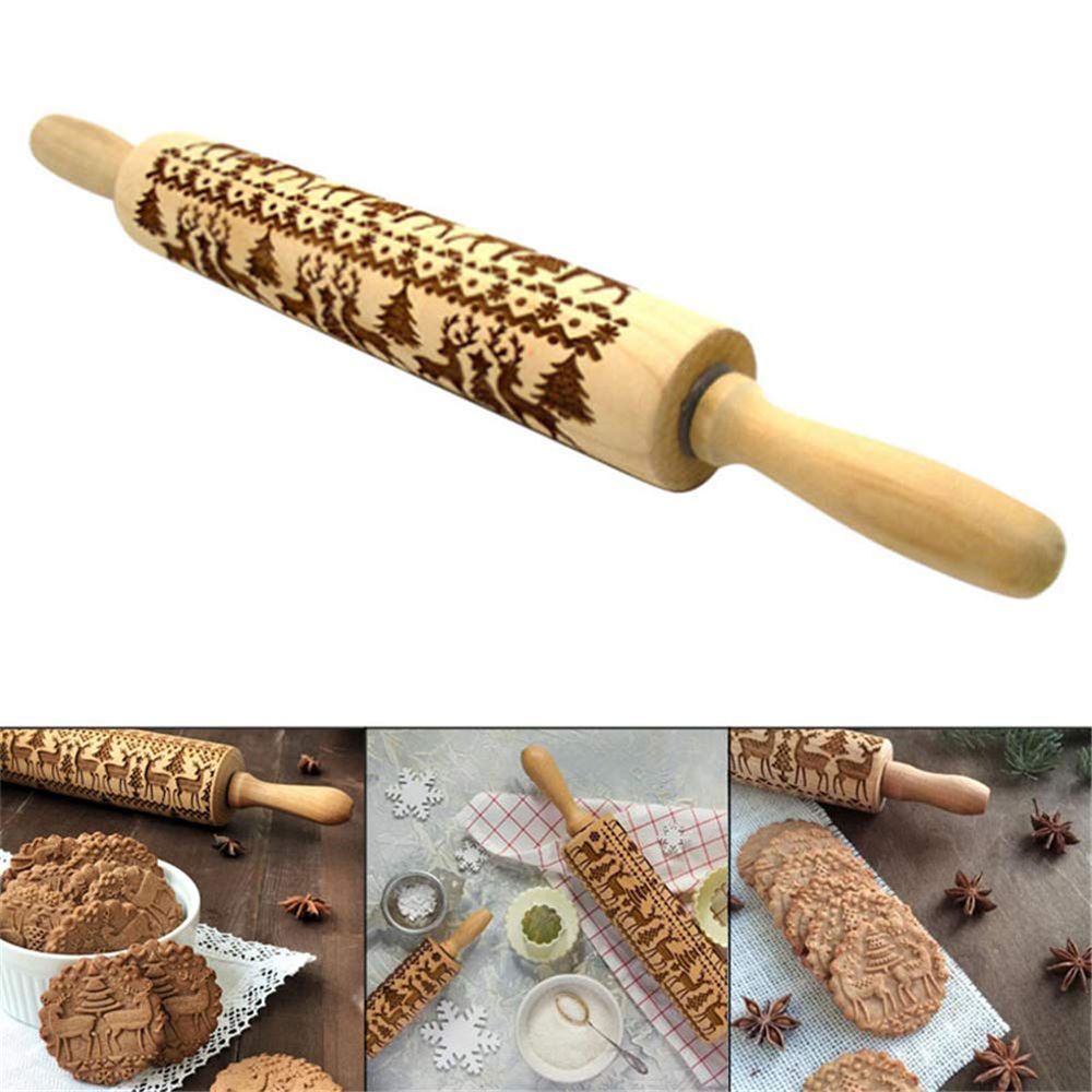 NEW Christmas Embossing Rolling Pin For Baking Cokies Fondant Dough Roller 2019