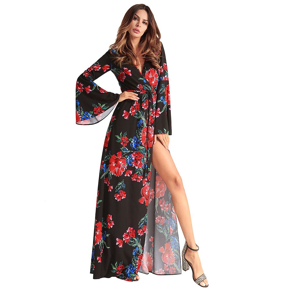 Sexy Split con cordones vestido Primavera Verano 2018 mujeres vestido Floral túnicas de
