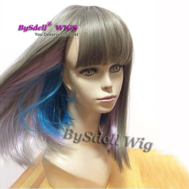 New Arrival Synthetic Short Gray Hair Highlight Blue Pink Color Wig Short Air Bang Natural Straight Hairstyle Capless Wigs Buying A Wig Natural