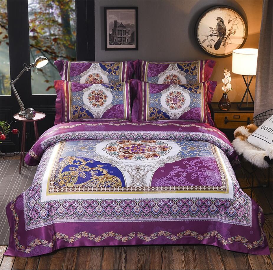 Luxury Jacquard Satin Duvet Cover Set Purple Blue Bohemia Bedding