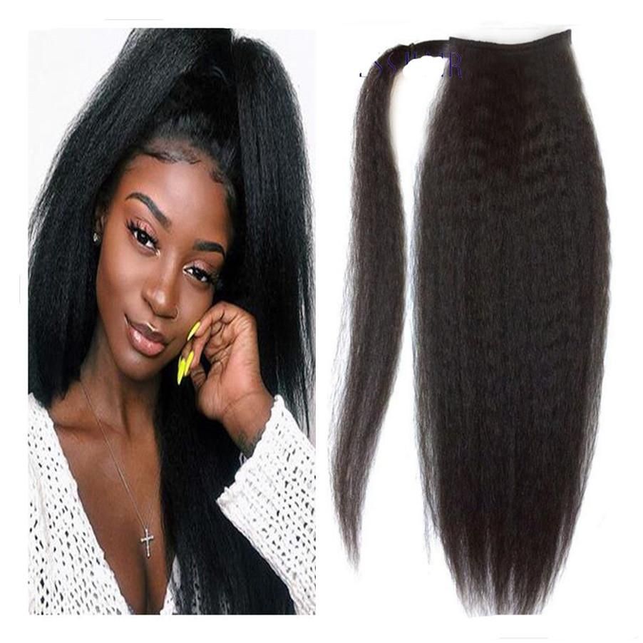 1PC Kinky Straight Hair Ponytails Clip In Long Straight Hairpieces  Brazilian Human Hair Wrap Around Pony tails Hair Extensions natural color