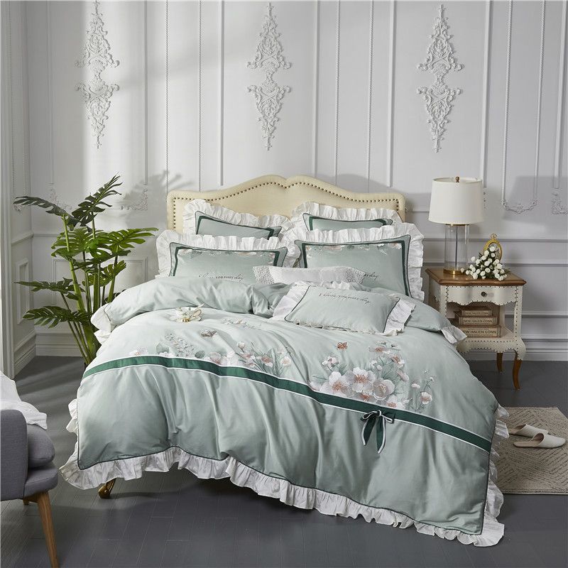 4 Green Flower Embroidery Egyptian Cotton Bow Girl Bedding Set