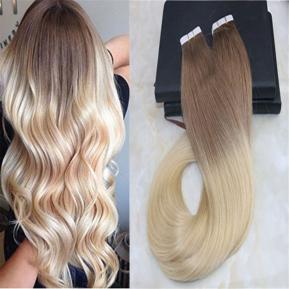 Glue In Hair Ombre Extensions Tape On Brazilian Remy Hair Fading Color Light Brown 6 To Bleach Blonde 613 Dip Dye Color Weft 100 Remy Human Hair