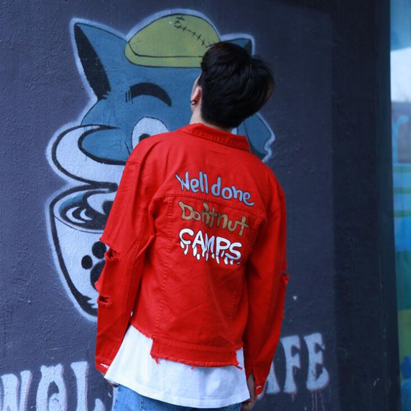 red ripped denim jacket