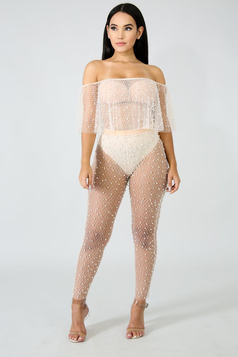 Women Mesh Beaded Pearl Sheer 