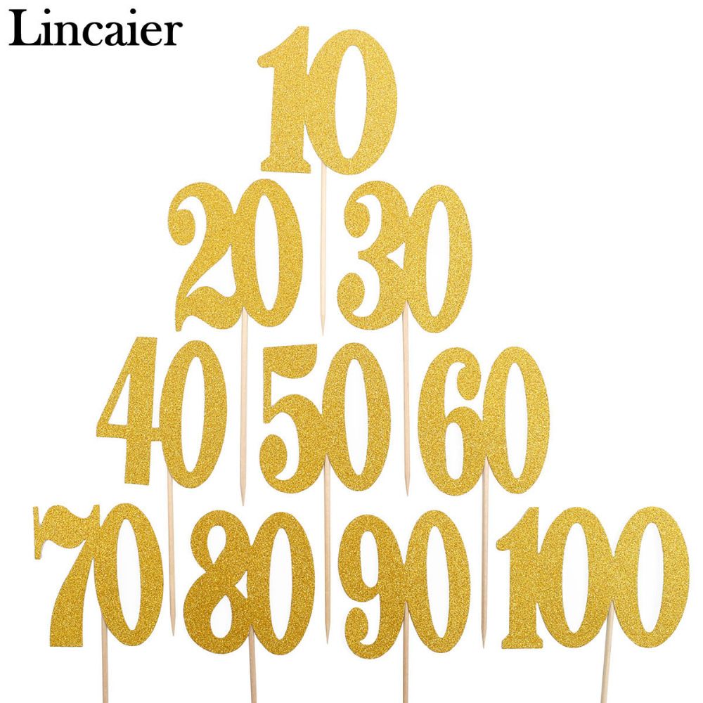 Compre Lincaier Gold 10 20 30 40 50 60 70 80 90 100 Años Cumpleaños Cupcake Cake Toppers Decoraciones Para Fiestas Para Adultos Suministros 30th 40th